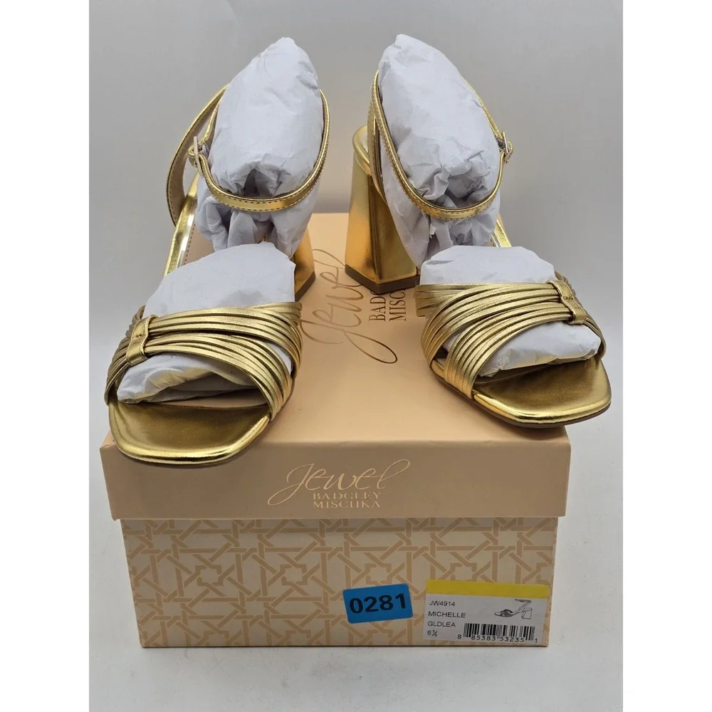 Jewel Badgley Mischka Michelle Metallic Strappy Block‎ Heels Gold 6.5 M